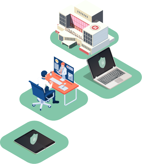 Illustration showing secure remote network access for hospital-based healthcare professionals working from uncontrolled networks