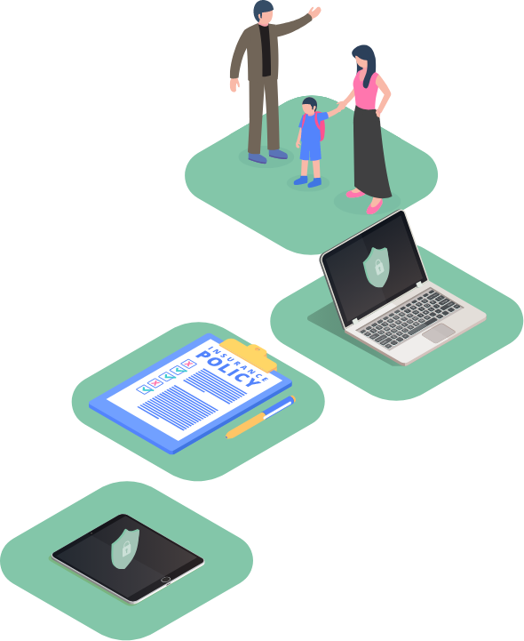 Illustration showing secure network access and protection for insurance brokers working from home, office, and client locations