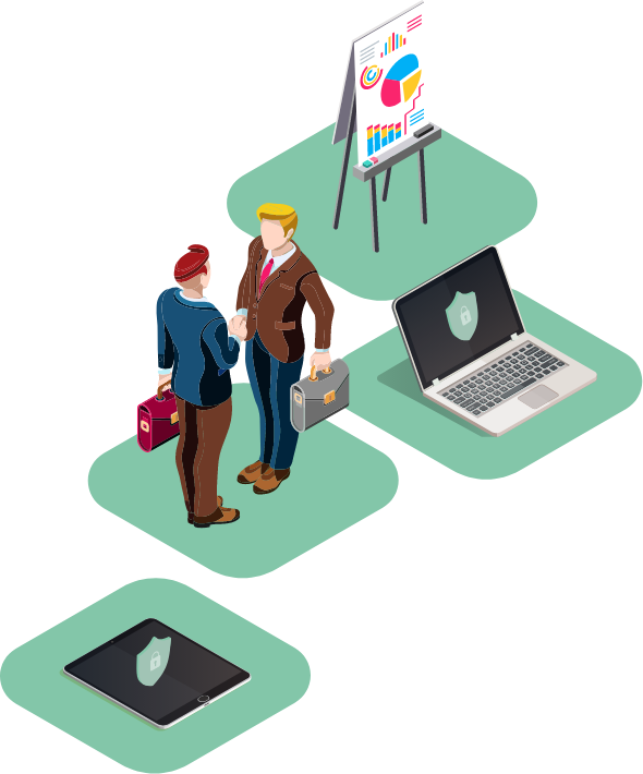 Illustration showing secure remote network access for professional services teams working from client sites, hotels, or home offices
