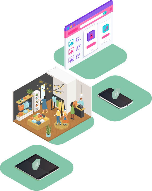 Illustration showing secure network access for retail back-office staff working from home, warehouses, and remote locations