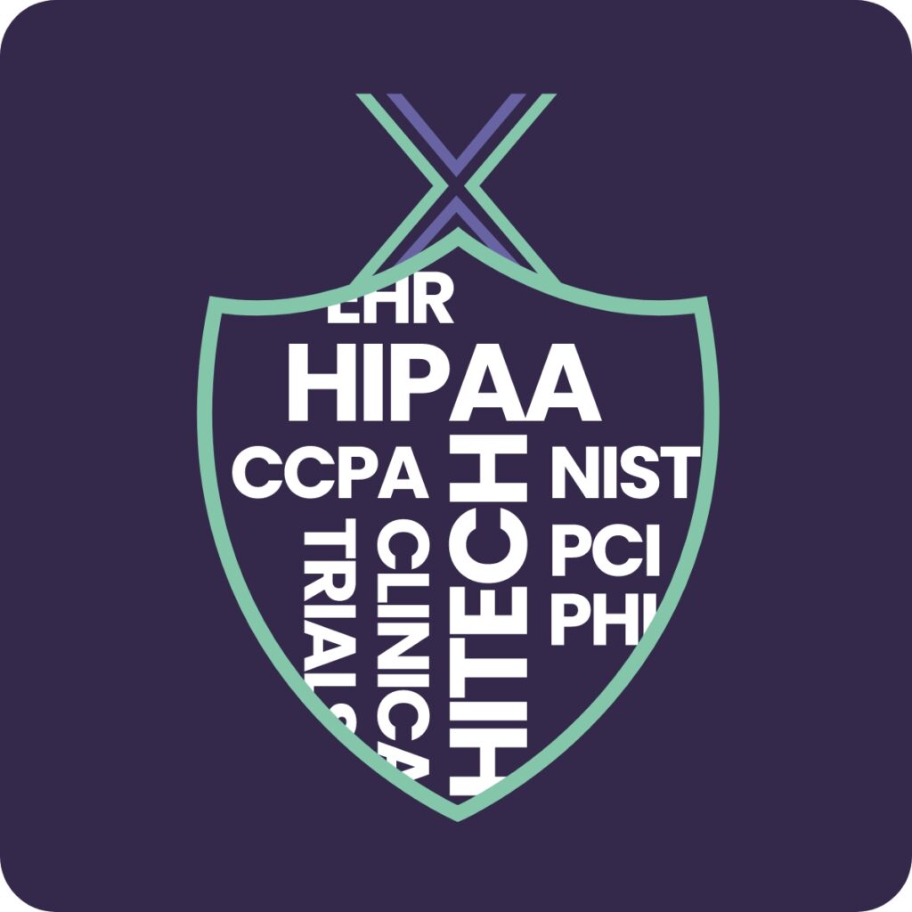 Sheild visual showing acronyms types of sensitive healthcare data protected by Loxada's centrally managed secure network