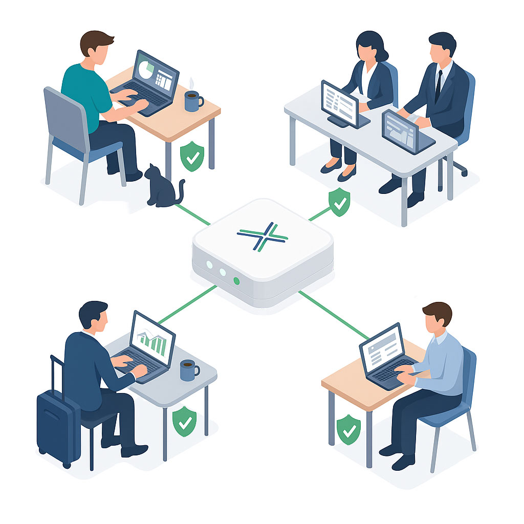 Image showing how Loxada managed routers create isolated, secure network connections no matter where people work