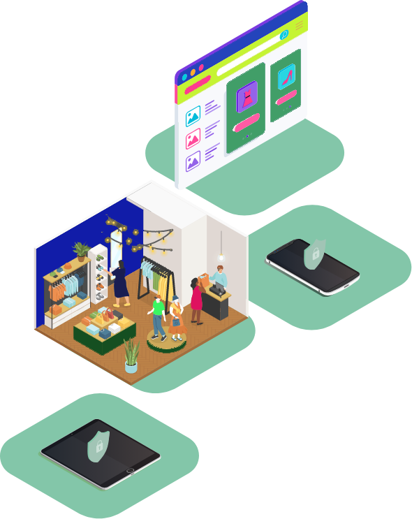 Illustration showing secure PCI DSS compliant network segmentation for retail chains and franchise locations