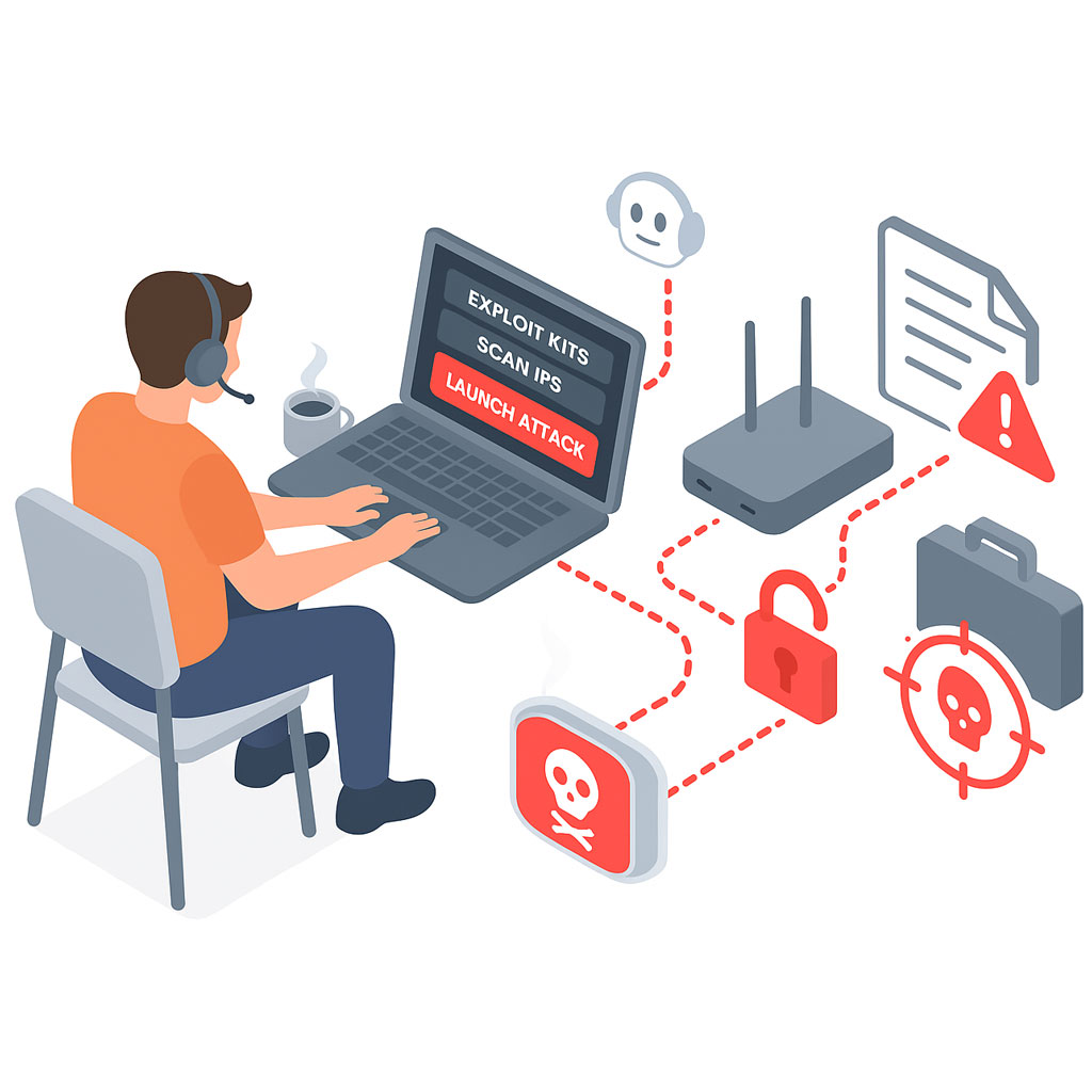 Illustration showing unskilled hacker using online tools to attack devices