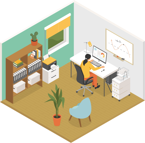 Illustration of a person working from an office that could be their home or a private office in a larger building or shared office complex