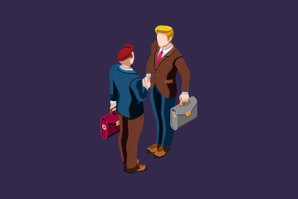 An illustration of two smartly dressed people shaking hands